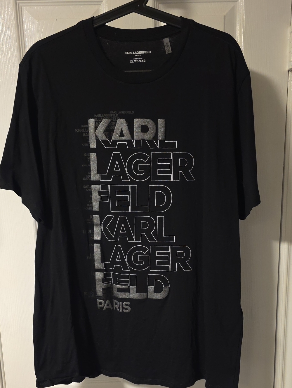 Karl Lagerfeld Paris Black Tee with Silver Stacked Logo XL